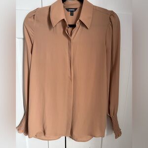 Elegant Express Tan Women's Blouse with gathered cuffs. Size Small. Like new!